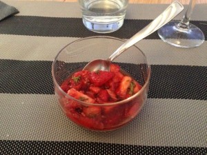 Strawberries marinated in balsamic vinegar with cane sugar and min (yummy)