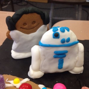 My gingerbread and fondant versions of Princess Leia and R2-D2 for a school gingerbread house decorating contest.